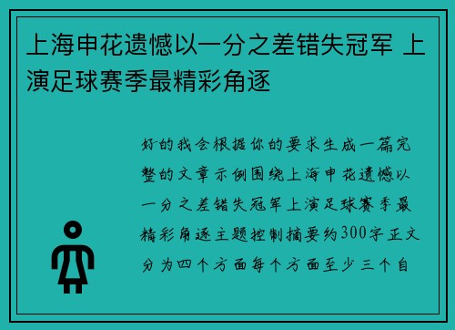 上海申花遗憾以一分之差错失冠军 上演足球赛季最精彩角逐